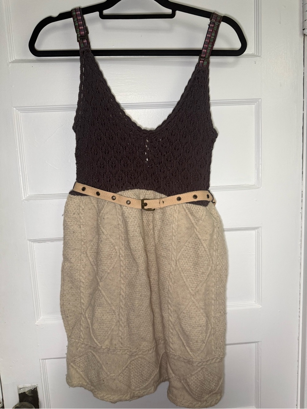 Free People Brown Crochet & Cream Sweater Knit Mini Dress w/ Studded Belt Boho M